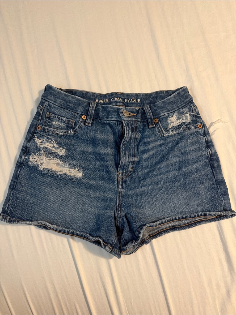 American Eagle Outfitters Curvy Mom Distressed Mid-Blue Denim Shorts